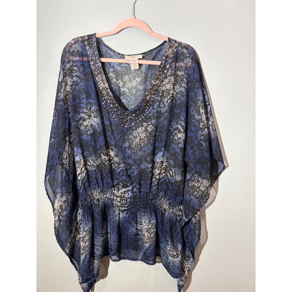 Covington Woman Blue Lace Paisley Studded Smocked Peplum Poncho Top 1X 16W 18W